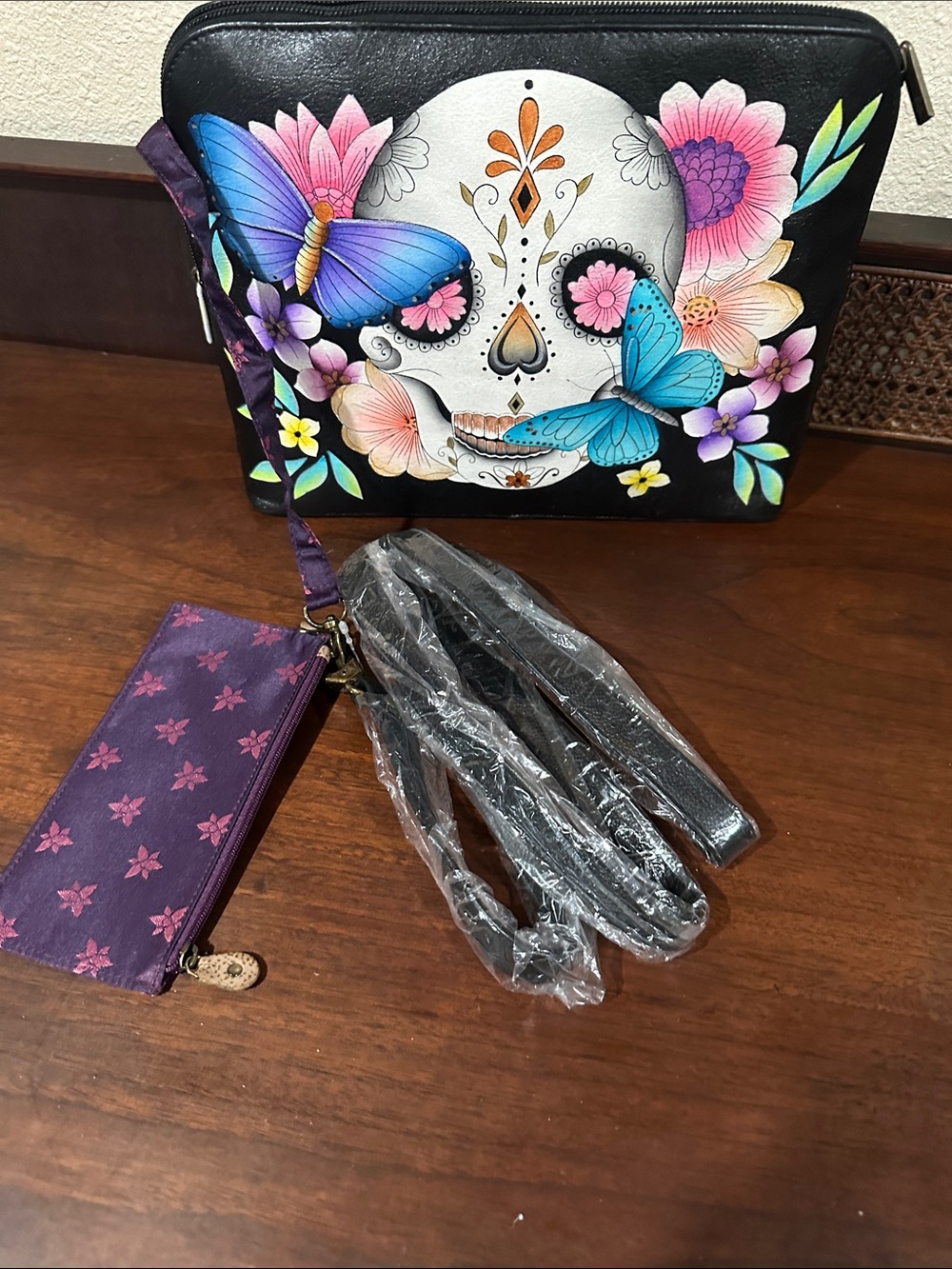 Anuschka Black Hand-Painted Leather Tote with Colorful Butterfly & Floral Design - Picture 7 of 7